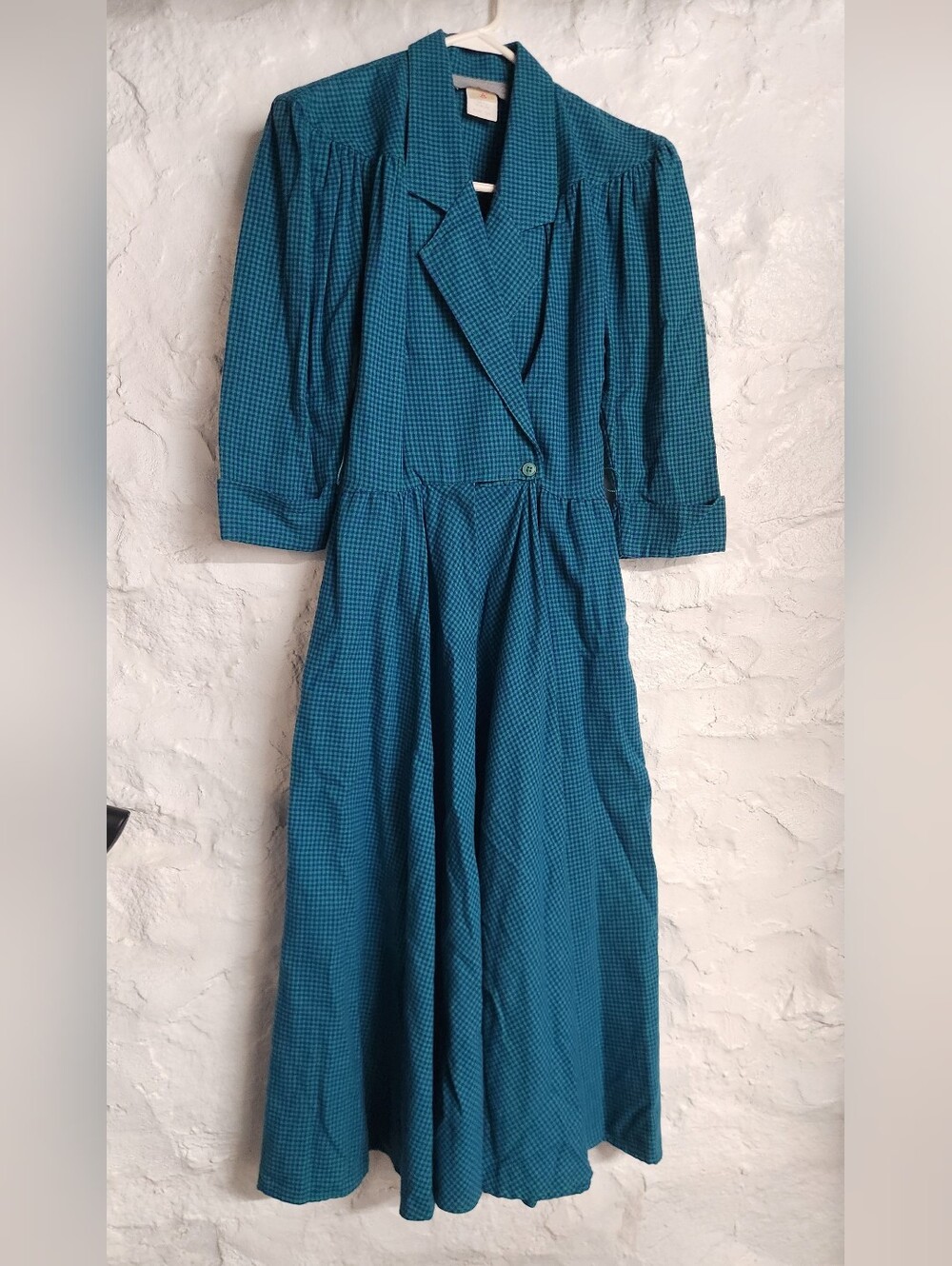 Vintage 80s Teal Navy Gingham Midi Dress Pleated A Line Secretary Academia XS